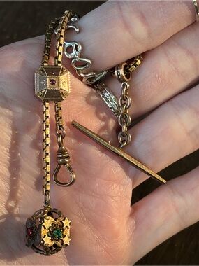 Victorian Gold Fill Or Gold Shell Pocket Watch Fob With Different Color Gems